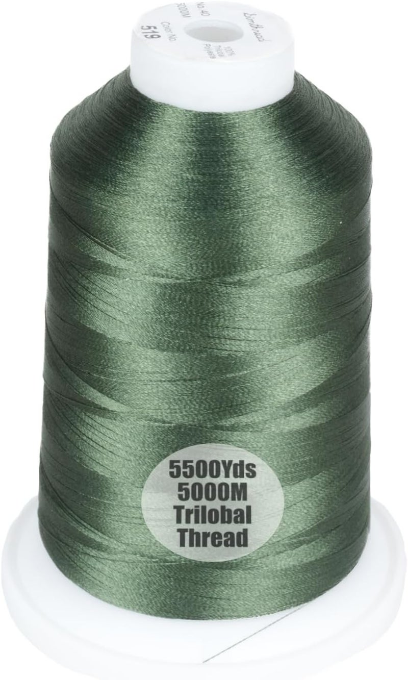 simthread Trilobal Polyester Thread – 5000M (5500yds) No.40 – Super Sheen, Tangle-Free – Built-in Thread Lock Spool – Compatible with Brother, Singer, Janome & More, Green-519 - Image 1